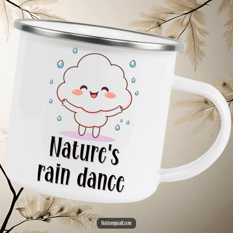 Funny happy cloud character juggling tiny raindrops, on a sturdy camping mug for outdoor whimsy.