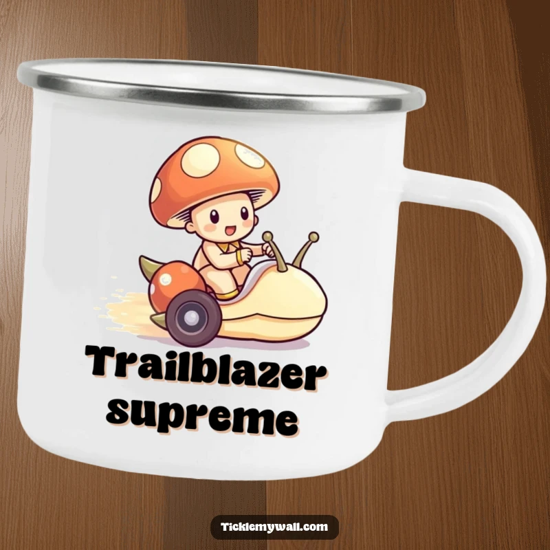 Funny Mushroom Snail Camping Mug, a mushroom riding a snail like a race car, for humorous camping trips.