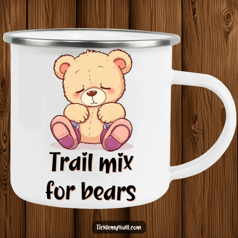 Funny camping mug featuring a sleepy teddy bear adorably wearing shoes on its paws, ideal for humorous outdoor beverage enjoyment.