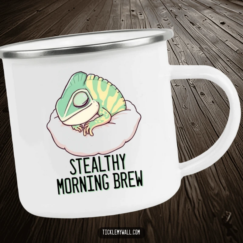 Funny Chameleon Pillow Camping Mug, a chameleon disguised as a pillow, snoring loudly during a camping trip.
