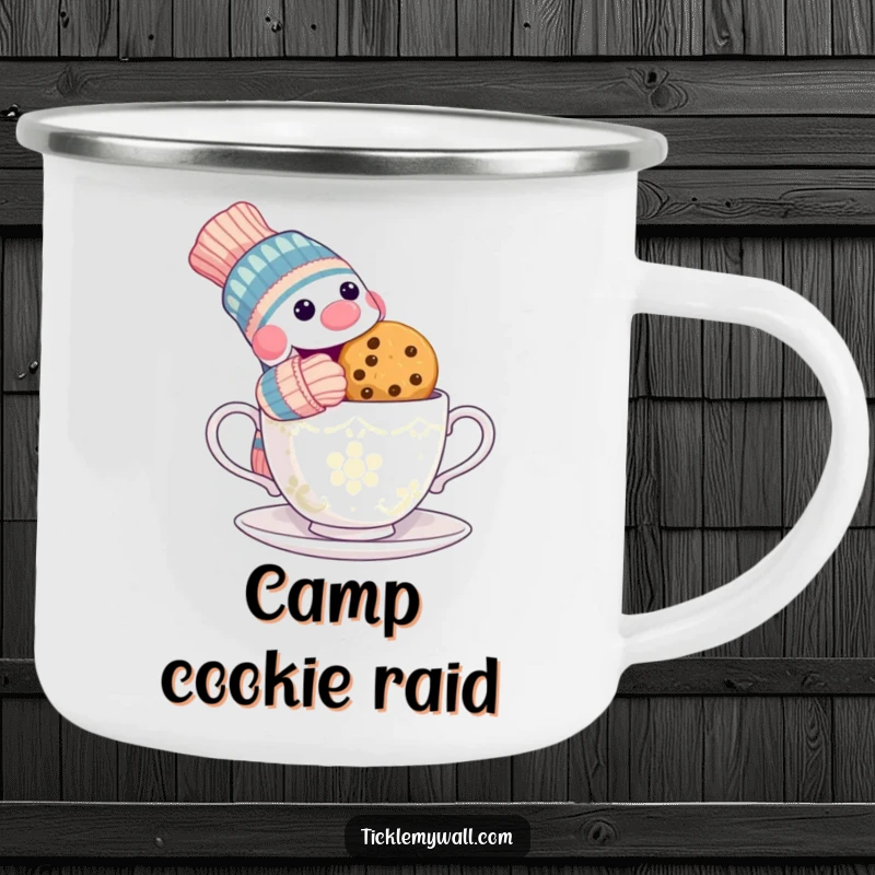 Funny camping mug with a mischievous sock puppet stealing a cookie from a surprised teacup, for humorous outdoor enjoyment.