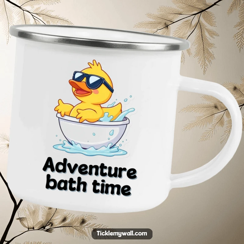 Funny rubber duck in sunglasses launching from a bathtub splash, a humorous and durable camping mug.