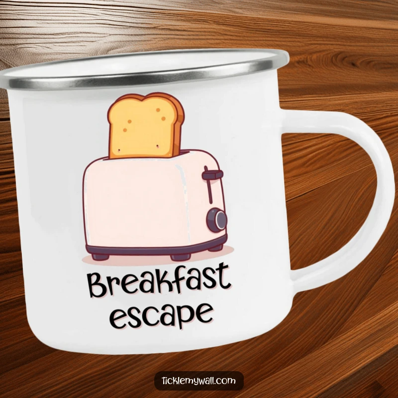 Funny camping mug with toast popping out of a toaster too high. Durable enamel design for outdoor humor and beverages.