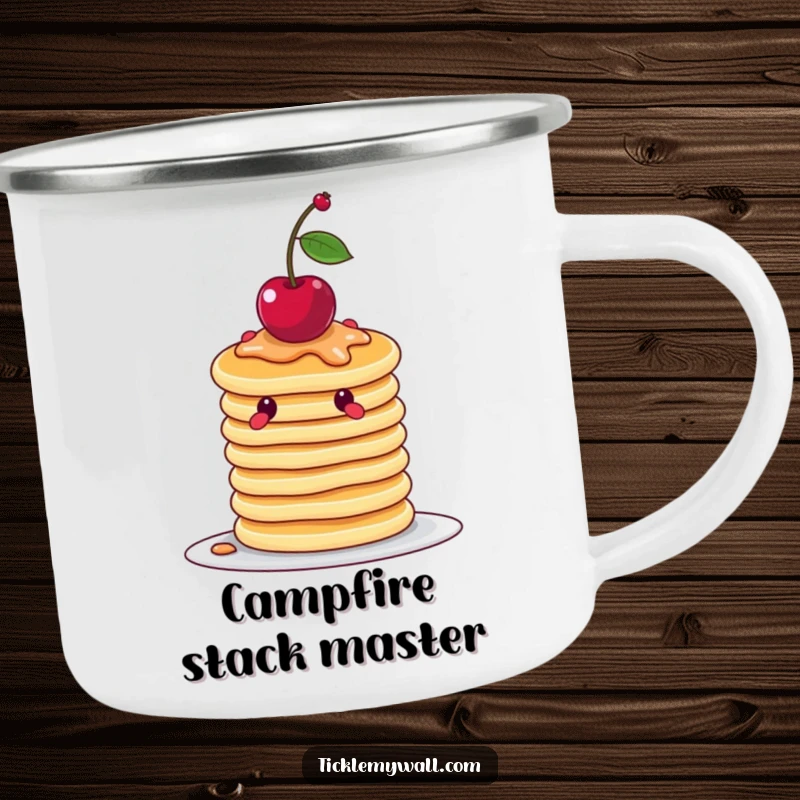 Funny wobbly stack of pancakes attempting to balance a cherry, on a sturdy camping mug for outdoor food humor.