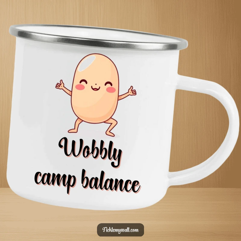 Funny Yoga Jelly Bean Camping Mug: A wobbly jelly bean character attempting yoga outdoors, perfect for adventure lovers.