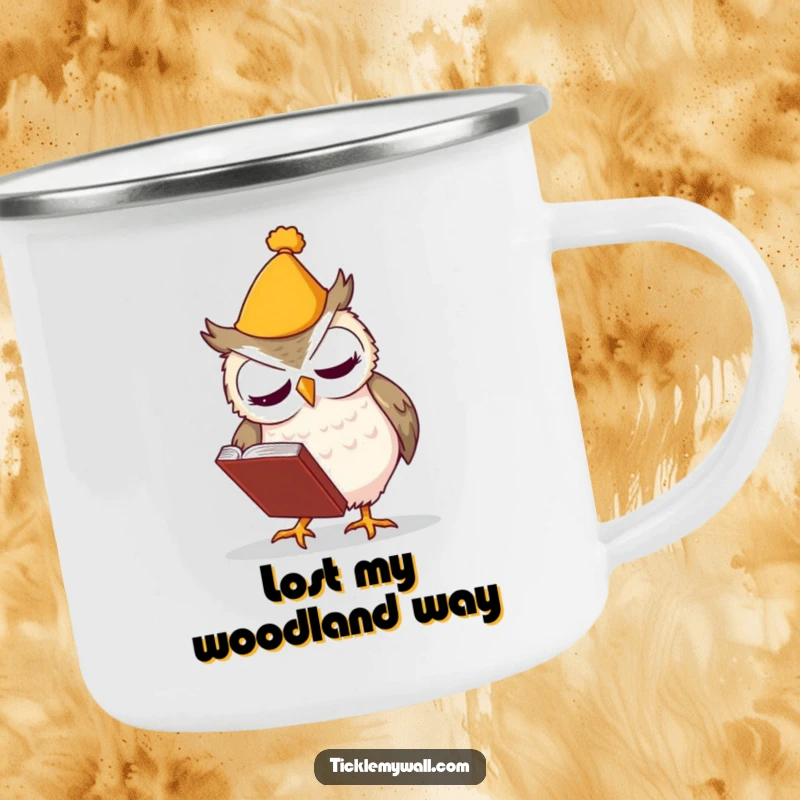 Funny enamel camping mug with a clumsy owl in a hat fumbling a book, designed for outdoor fun.
