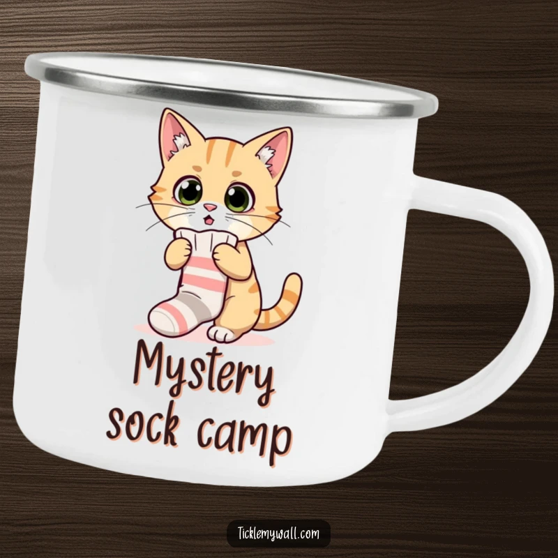Funny camping mug featuring a surprised cat comically struggling with a sock, perfect for outdoor amusement.
