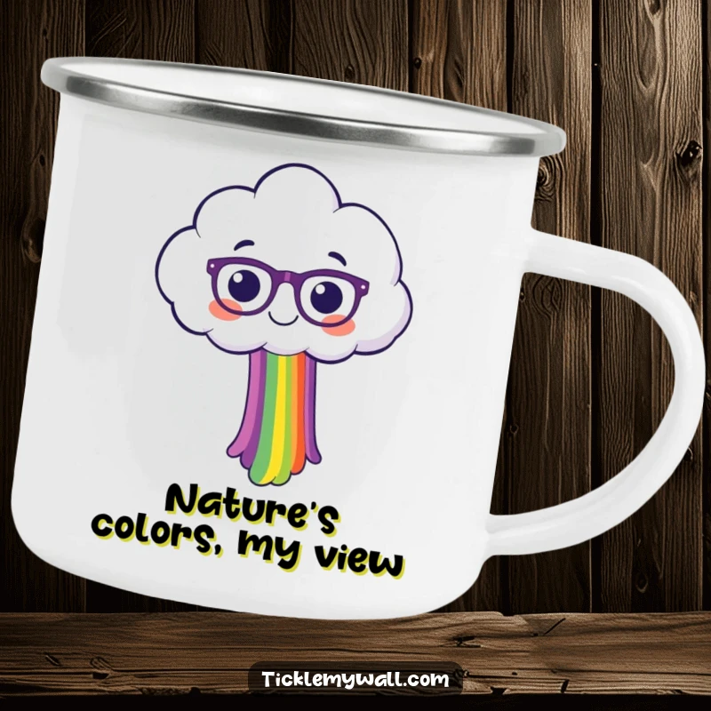 Funny, smiling cloud wearing prescription glasses, pouring a vibrant rainbow, printed on a sturdy, enamel camping mug.