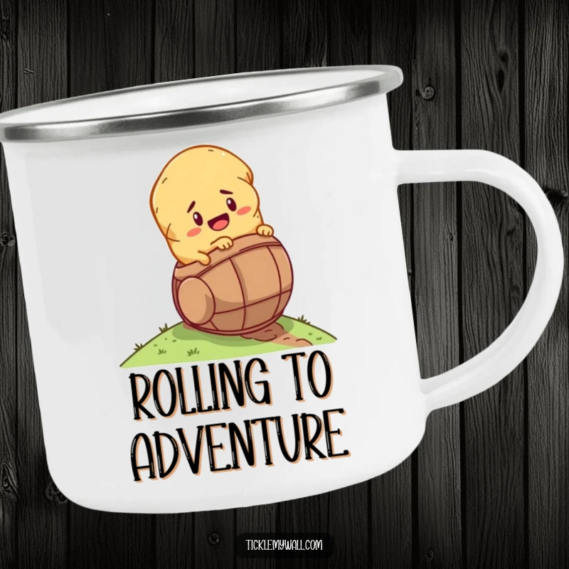 Funny determined potato rolling down a hill inside a tiny barrel on a durable camping mug for humorous outdoor use.