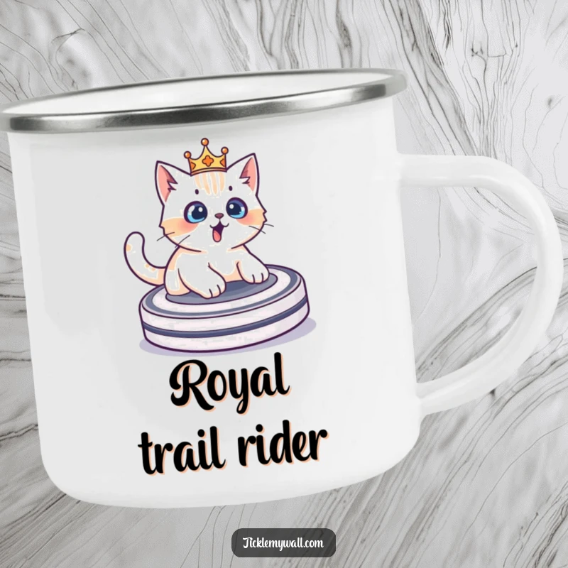 Funny crowned cat surprised while riding a Roomba, a durable and humorous camping mug for outdoor enthusiasts.