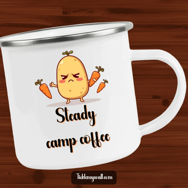Funny Camping Mug: A nervous potato character juggling carrots, ideal for enjoying drinks with a laugh.