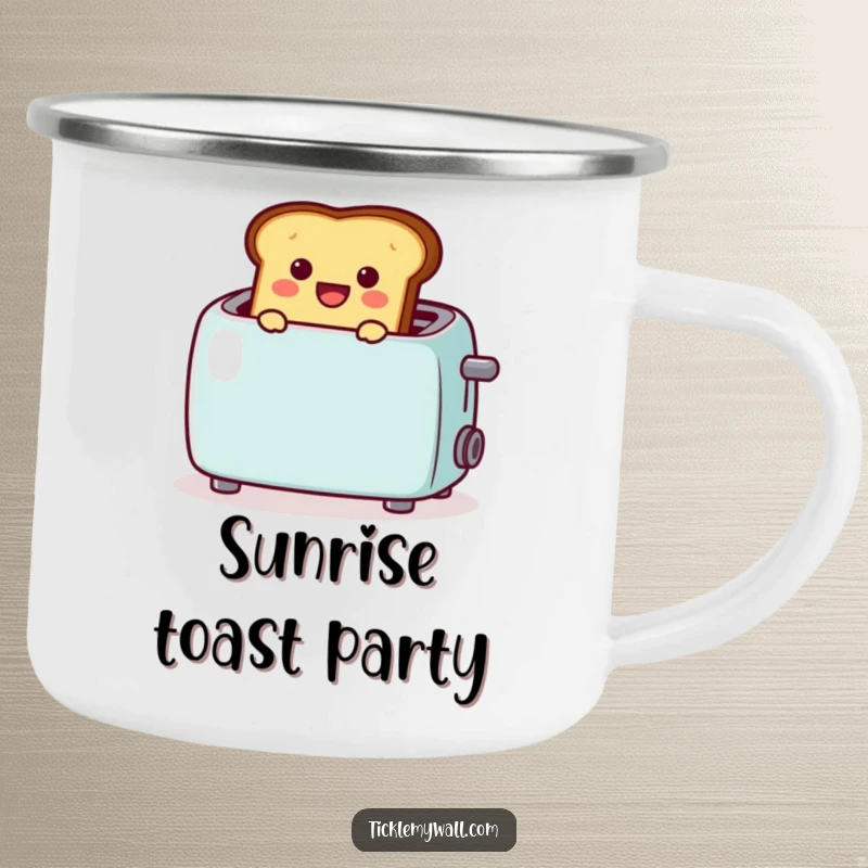 Funny camping mug with cheerful toast popping from a toaster with a 🎉, ideal for outdoor mornings and a great funny gift.