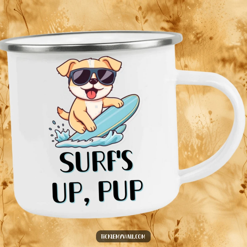 Funny camping mug with a dog wearing sunglasses, attempting to surf. Durable enamel design for outdoor humor and beverages.