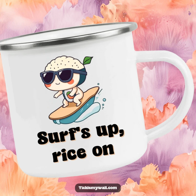 Funny Sushi Wave Sunglasses Camping Mug: Sushi wearing sunglasses surfs a wave, a funny camping gift.