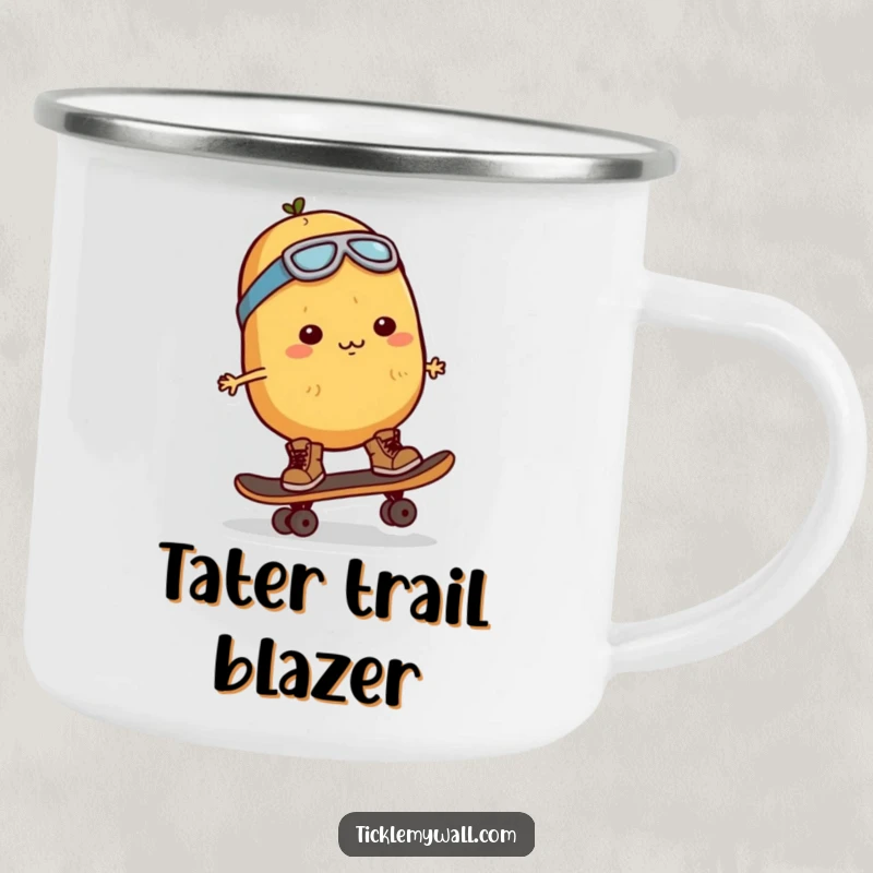 Funny Potato Skater Camping Mug: A determined potato character skateboarding, perfect for outdoor adventures and good times.