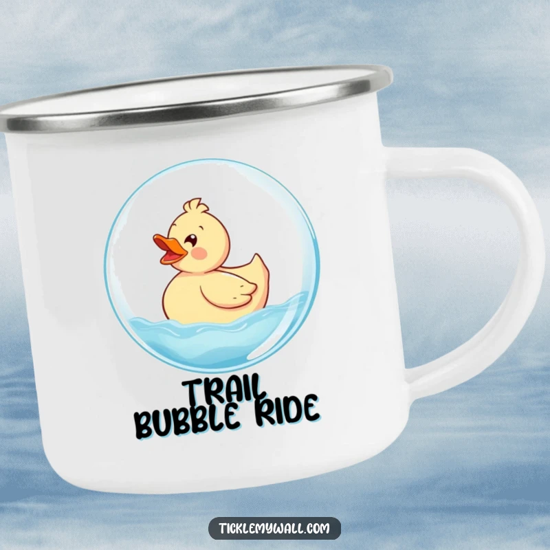 Funny Rubber Ducky Camping Mug showing a delighted ducky riding a large bubble in an outdoor setting, perfect for nature lovers.