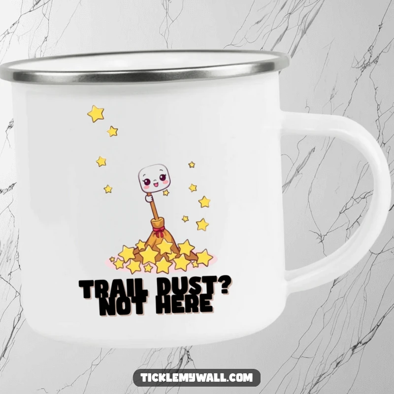 Funny camping mug featuring a happy broom joyfully sweeping giggling stars, ideal for humorous outdoor beverage enjoyment and magical mornings.