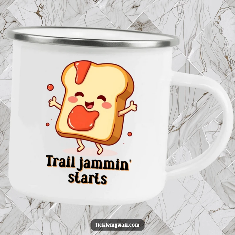 Funny dancing slice of toast with jam splattering playfully, on a sturdy camping mug for outdoor food humor.