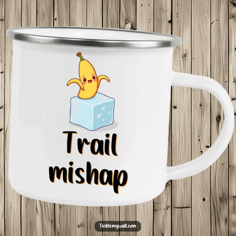 Funny camping mug showing a banana peel comically slipping on a tiny ice cube, perfect for outdoor humor and warmth.