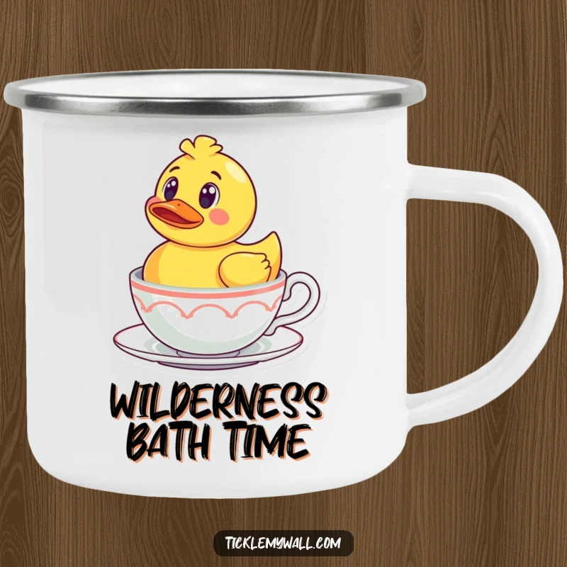 Funny Rubber Ducky Camping Mug: A surprised rubber ducky floating in a teacup in a forest setting, humorous and durable.