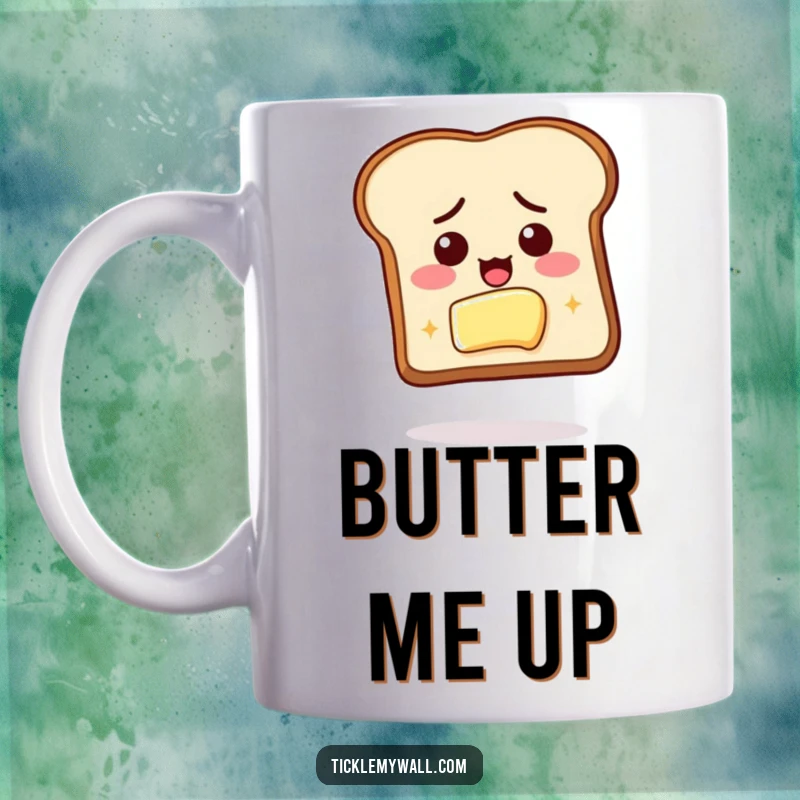 Funny mug featuring determined toast floating towards butter, symbolizing breakfast goals and morning determination.