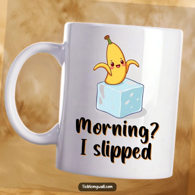 Funny mug depicting a joyous banana peel comically slipping on a small, misplaced ice cube, a classic gag.