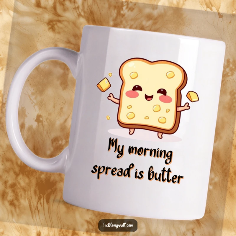Funny mug showing a blushing piece of toast gleefully juggling multiple pats of butter, a truly comical breakfast character.