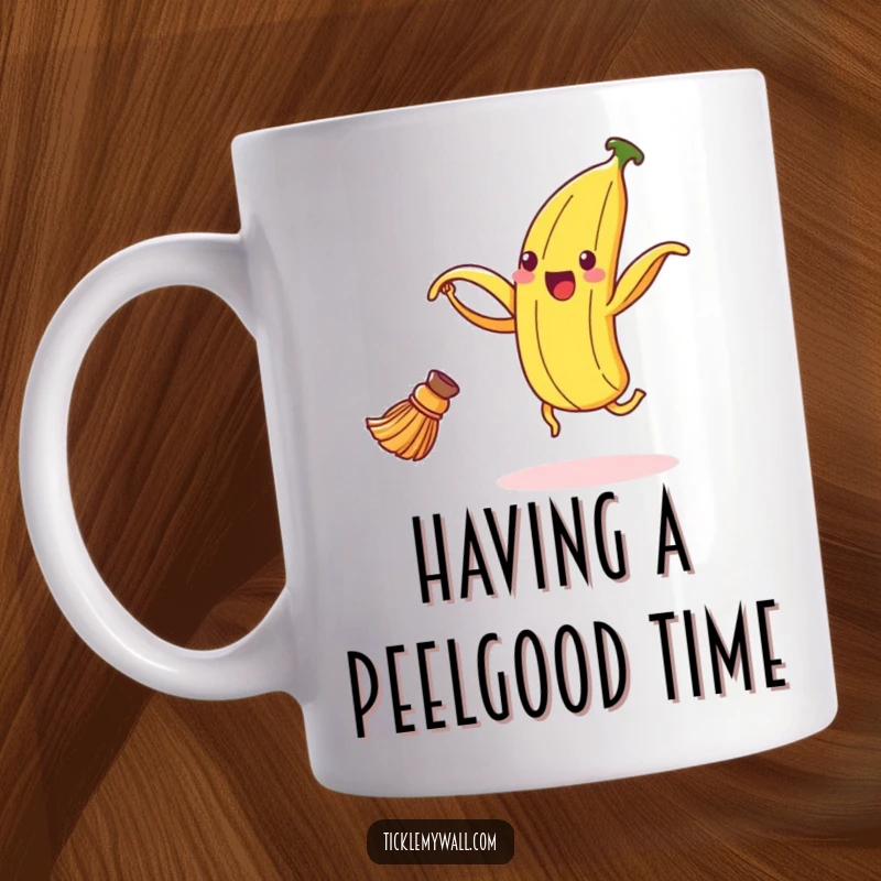 Funny dancing banana peel mug showing a delighted peel grooving with a broom, a humorous and energetic scene.