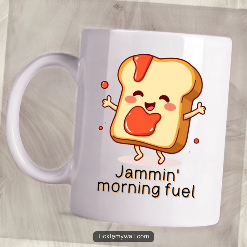 Funny dancing slice of toast with jam splattering playfully, depicted on a cheerful mug, perfect for breakfast lovers.