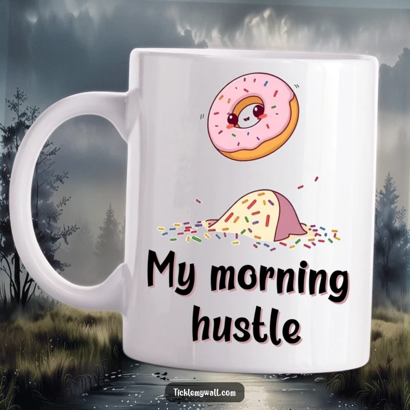 Funny donut mug showing a determined donut leaping over scattered sprinkles, a humorous representation of overcoming obstacles.