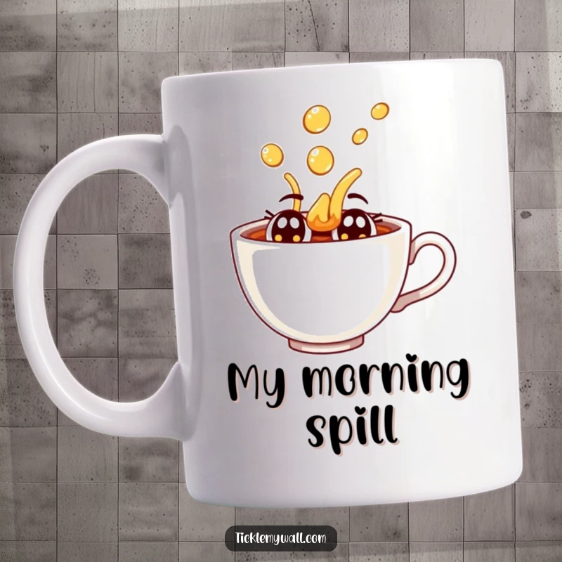 Funny joyful teacup with eyes spilling tea dramatically on a ceramic mug.