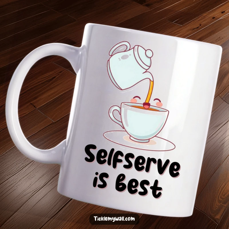 Funny mug featuring a happy teacup comically pouring itself a drink from a teapot, expressing delightful self-sufficiency and morning joy.