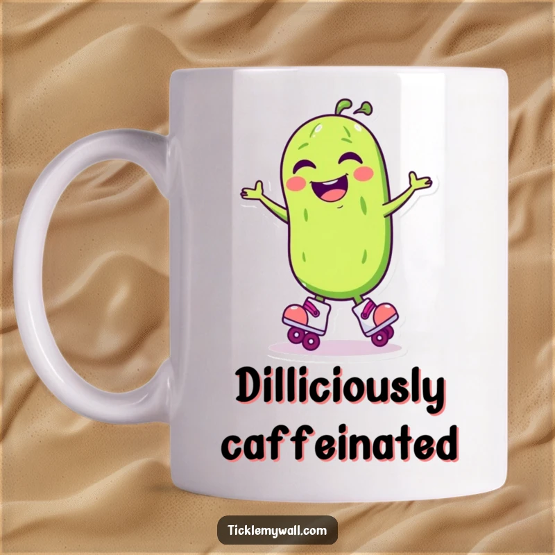 Funny Laughing Pickle Roller Skate Mug: A laughing pickle on roller skates performs a spin, a funny gift.