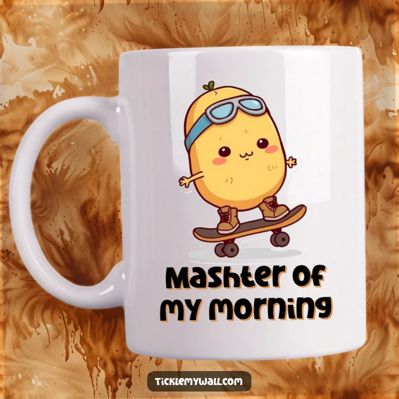Funny Potato Skater Mug: A determined potato character in tiny boots, bravely attempting to skateboard, full of action.