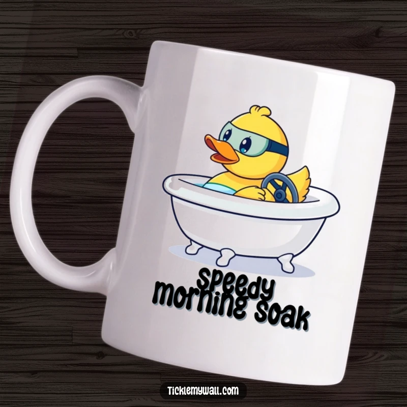 Funny mug showing a rubber duck aggressively steering a bathtub like a race car, a high-speed bath adventure.