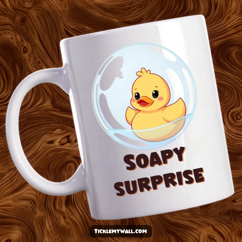 Funny mug featuring a rubber ducky comically stuck inside a huge, iridescent bubble. Captures a moment of playful bath time panic.