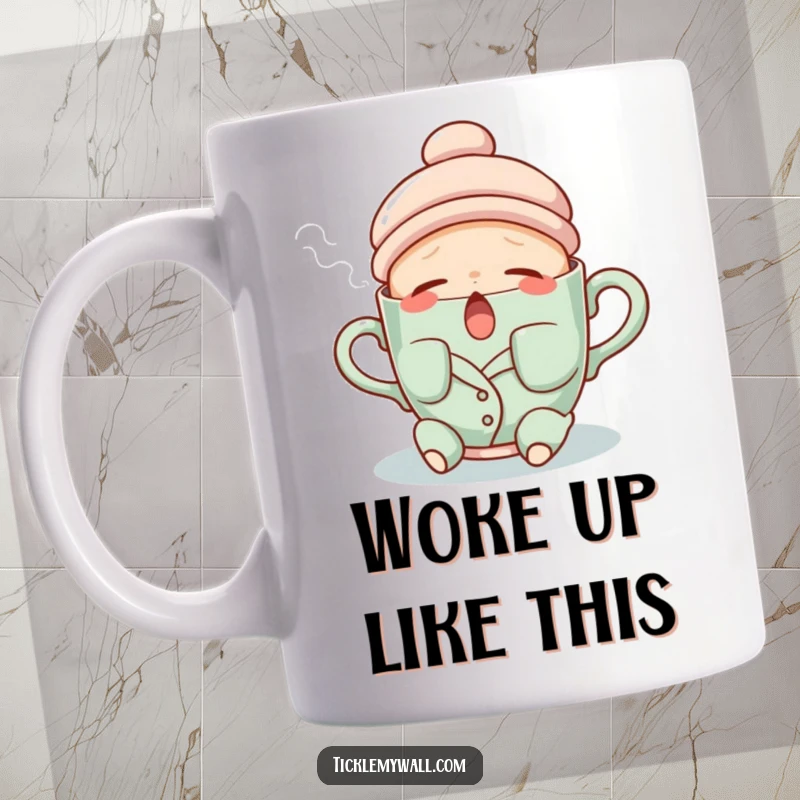 Funny mug depicting a sleepy teacup dressed in pajamas, yawning a visible stream of steam, perfect for tea time.