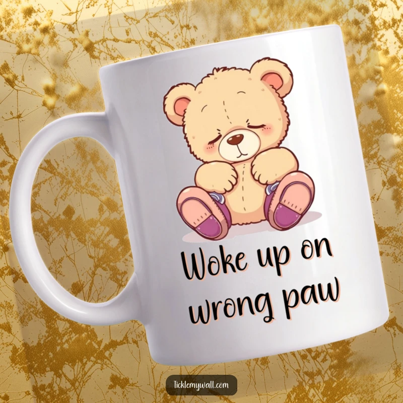 Funny mug showing a very sleepy teddy bear adorably wearing shoes on its paws, capturing a moment of accidental silliness.