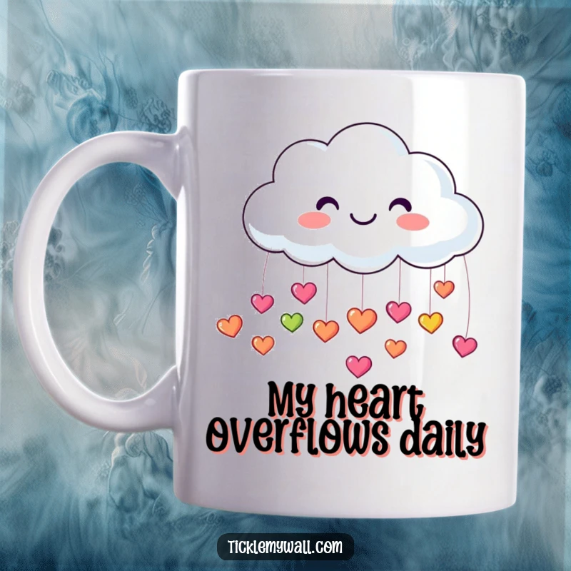 Funny ceramic mug with a smiling cloud raining tiny, colorful, bouncing hearts, spreading joy and positive vibes as a gift.