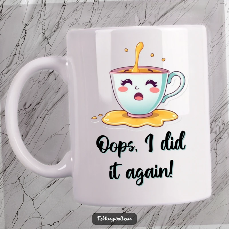 Funny Teacup Mug featuring a cheerful teacup character comically spilling its tea in a moment of utter surprise and delight.