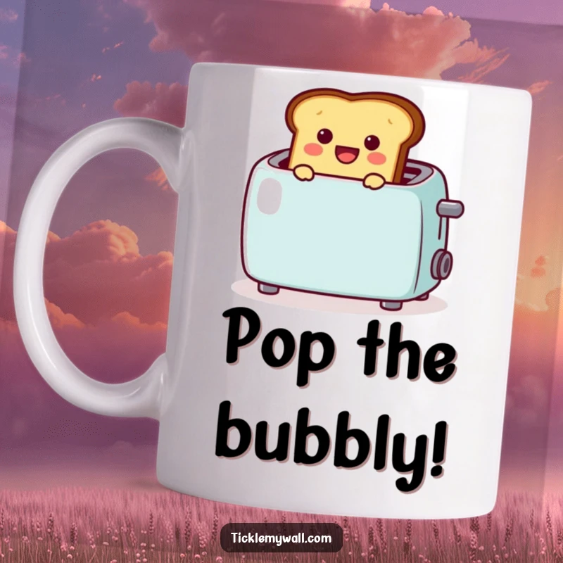 Funny mug with cheerful toast popping out of toaster amidst a 🎉, radiating morning joy, perfect for a fun and funny gift.