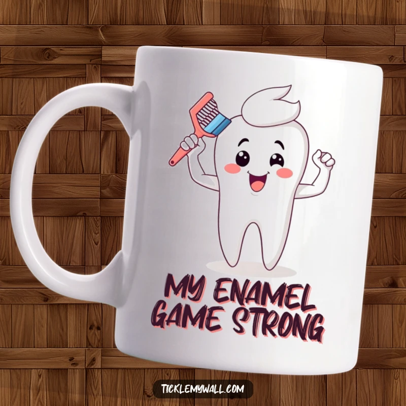 Funny toothbrush mug flexing cartoon muscles victoriously after conquering a giant tooth, showcasing dental hygiene pride and humor.