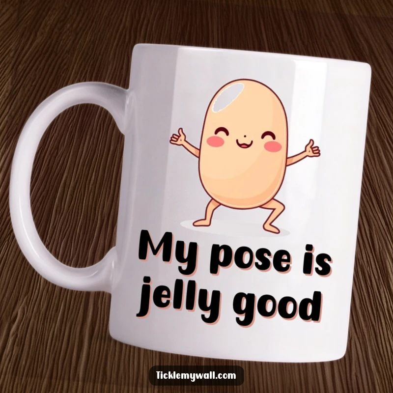 Funny Yoga Jelly Bean Mug: Wobbly character attempting a yoga pose with determination and a smile, perfect for coffee lovers.