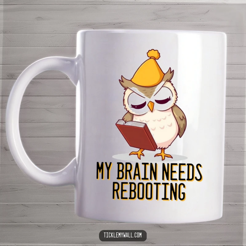 Funny mug with a clumsy owl in a tiny hat tripping over a book, looking embarrassed, perfect for book lovers.