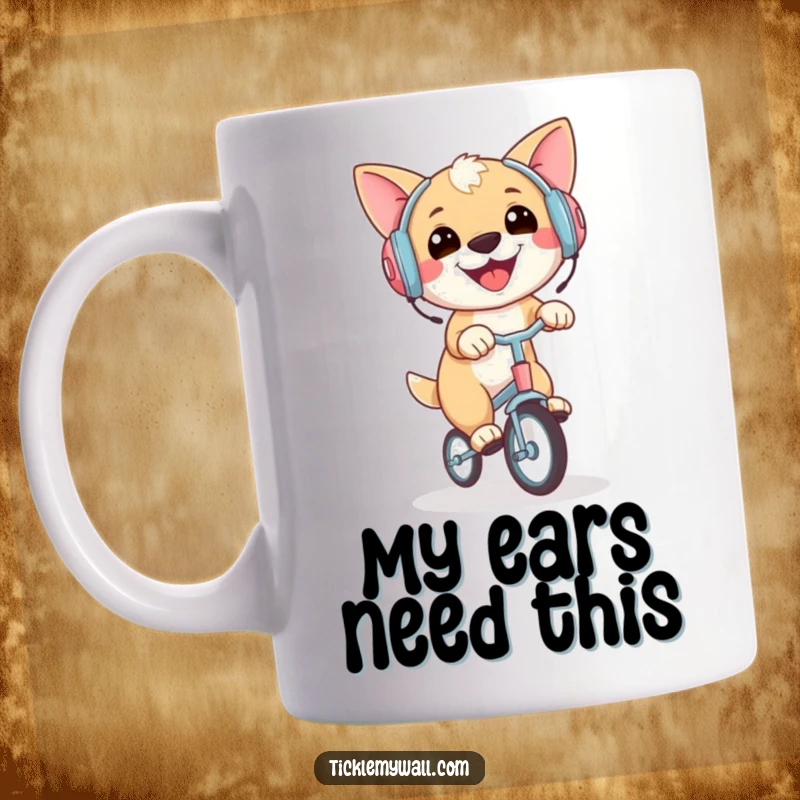 Funny mug showcasing a joyous dog wearing earmuffs, confidently balancing on a tiny unicycle, bringing smiles and laughter.