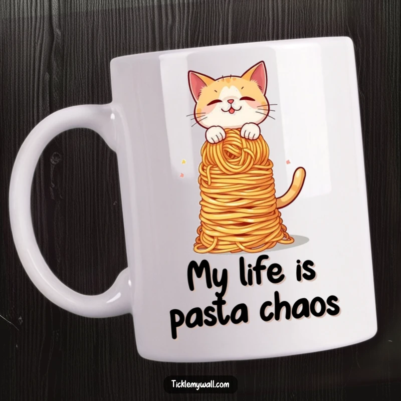 Funny Cat Spaghetti Balance Mug: A clumsy cat precariously balances a huge stack of noodles, looking stressed. A funny gift for cat enthusiasts.
