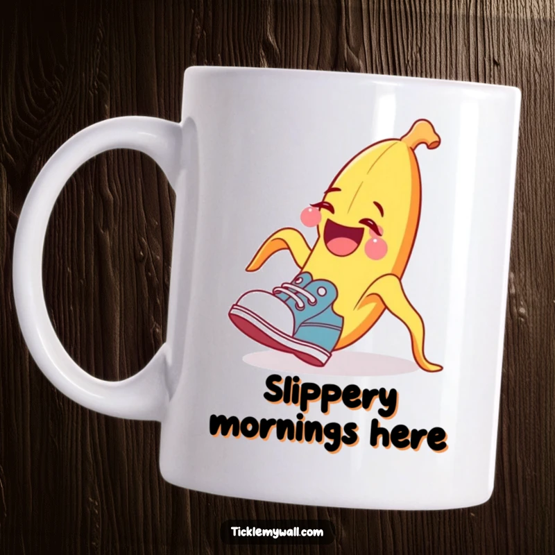 Funny banana peel tripping a surprised shoe mug, slapstick comedy, humorous food art, great funny gift.