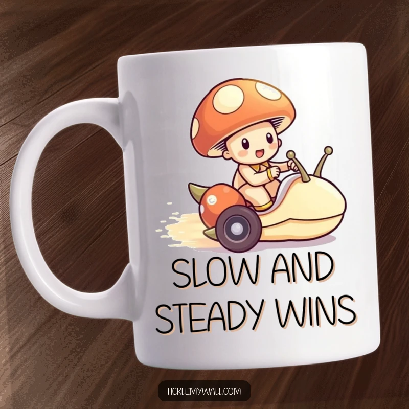 Funny Mushroom Snail Mug, a tiny mushroom riding a snail like a fast race car, embarking on a humorous journey.