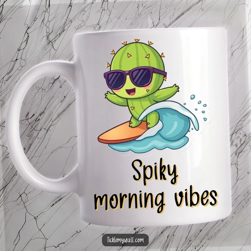 Funny mug featuring a cactus in sunglasses attempting to surf a small wave, a cool and humorous drinkware item.