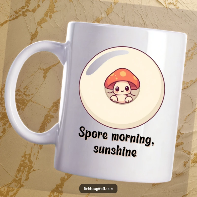 Funny shy mushroom peeking from behind a giant smiling button on a mug, a humorous and relatable design.